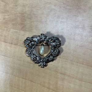 Vintage Avon romantic brooch pin silver tone floral frame with pearl dangle